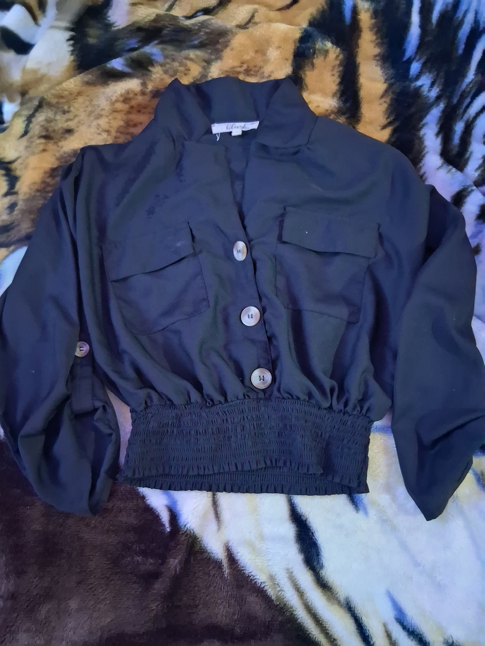 Blush Black Button-Down Cropped Shirt with Smocked Waist